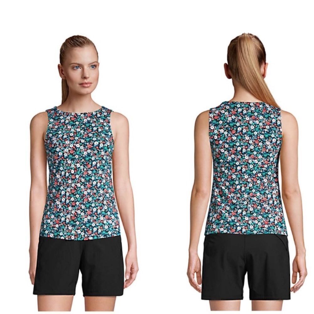 Land’s End high neck Modest soft cup tankini top black ditzy floral 10 DD